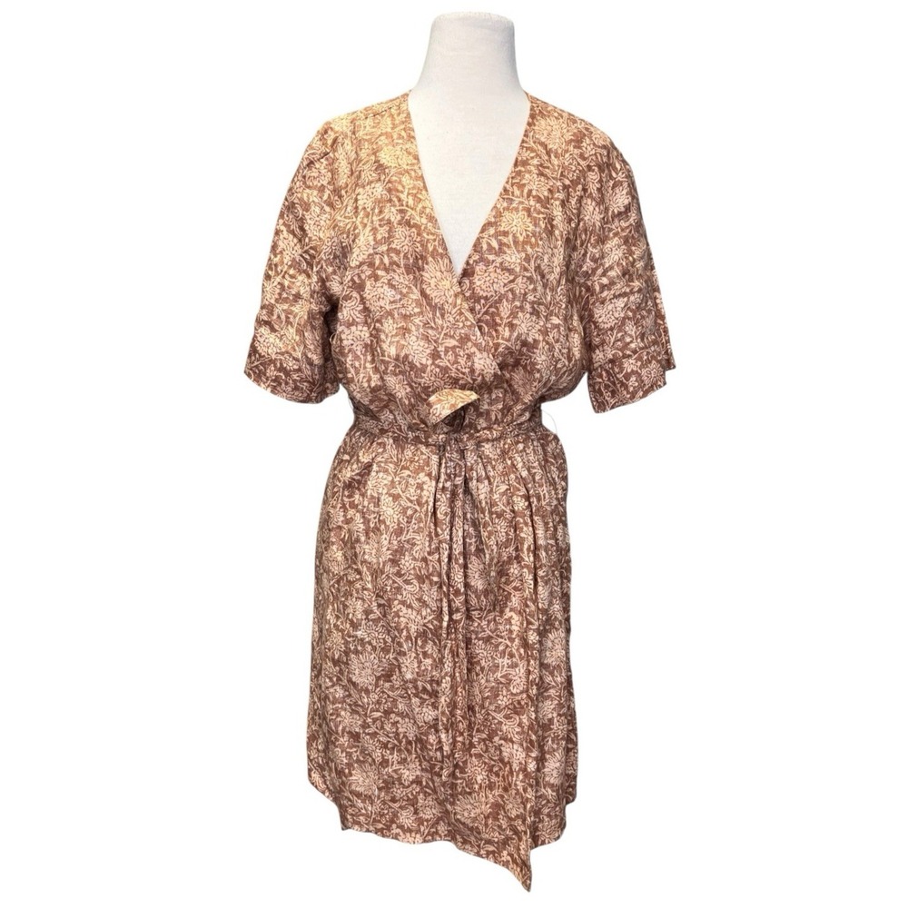 Faherty Ashley‎ Linen Wrap Dress Large Bronze Riviera Floral Boho Floral